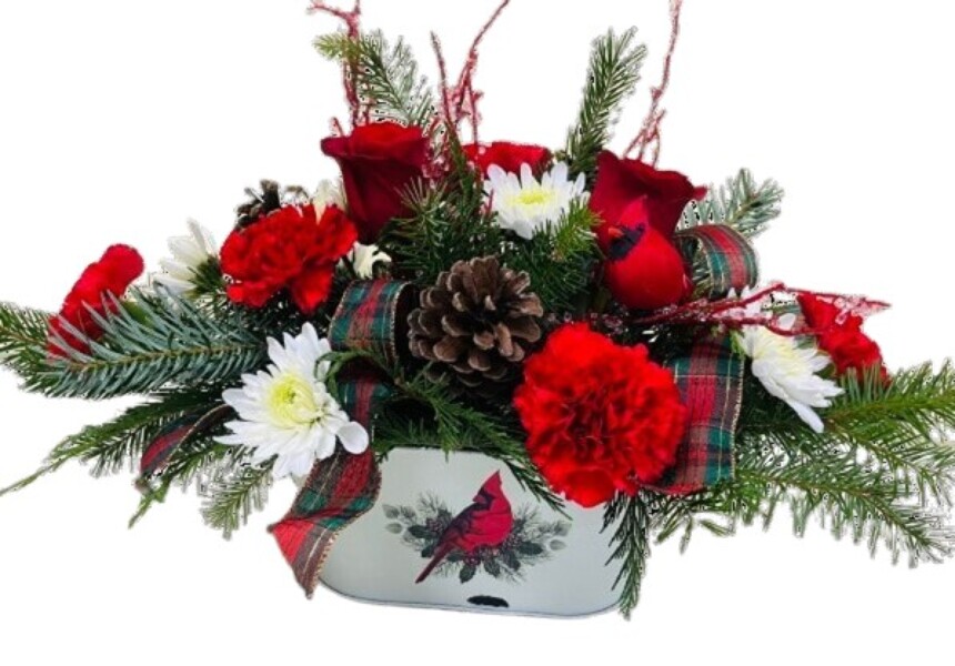 A Cardinal Christmas Centerpiece from Rees Flowers & Gifts in Gahanna, OH